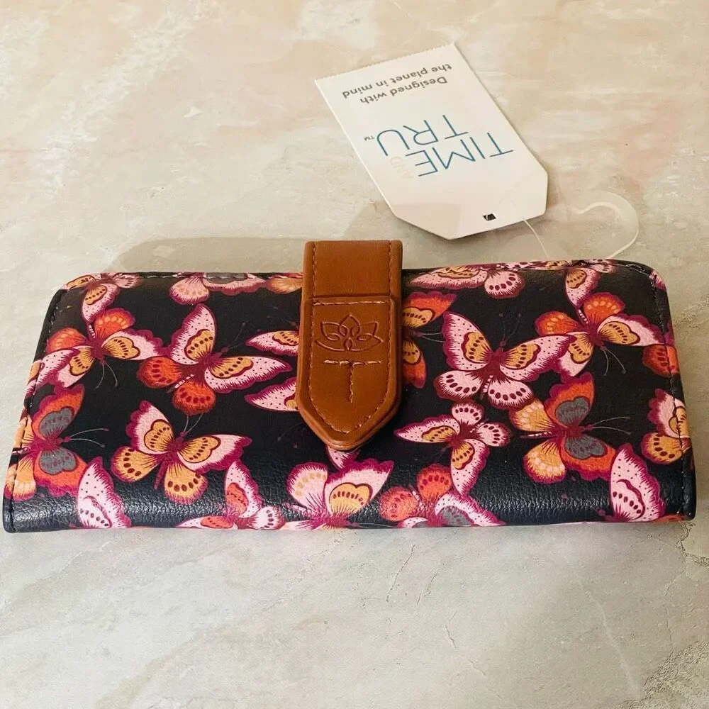 NWT Time and Tru Alexandra Black lilac butterflies Slim Faux leather Slim Wallet